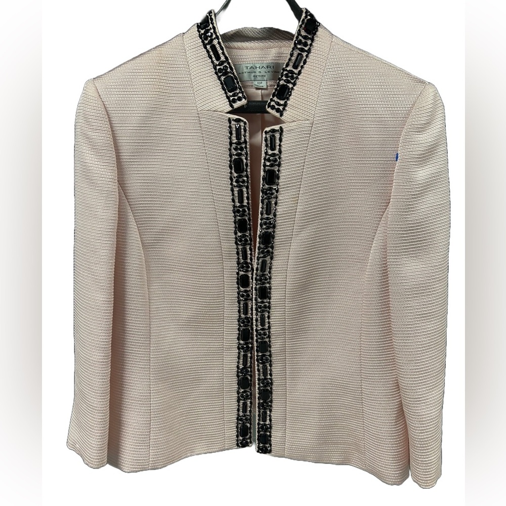 Tahari ASL - Pink Blazer with black jewel trim. Size 10P.